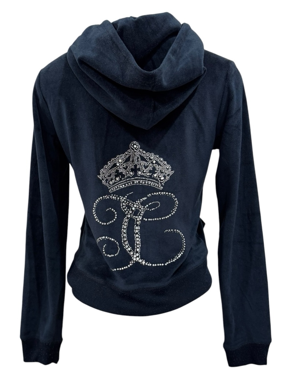 Juicy Couture Navy Velour Hooded Jacket with Crystal Crown Logo